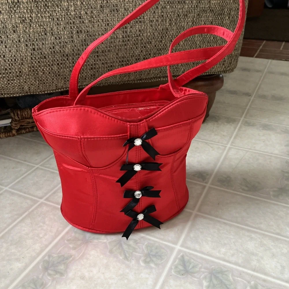 Vintage Red Corset Purse Red hat Society queen label Black Bow Embellished